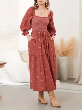 Women's Boho Rust Floral Tiered Dress